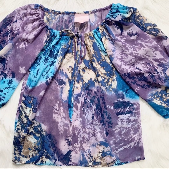 Romeo & Juliet Couture Pastel Watercolor Tie Neck Balloon Sleeve Peasant Top - Picture 8 of 10